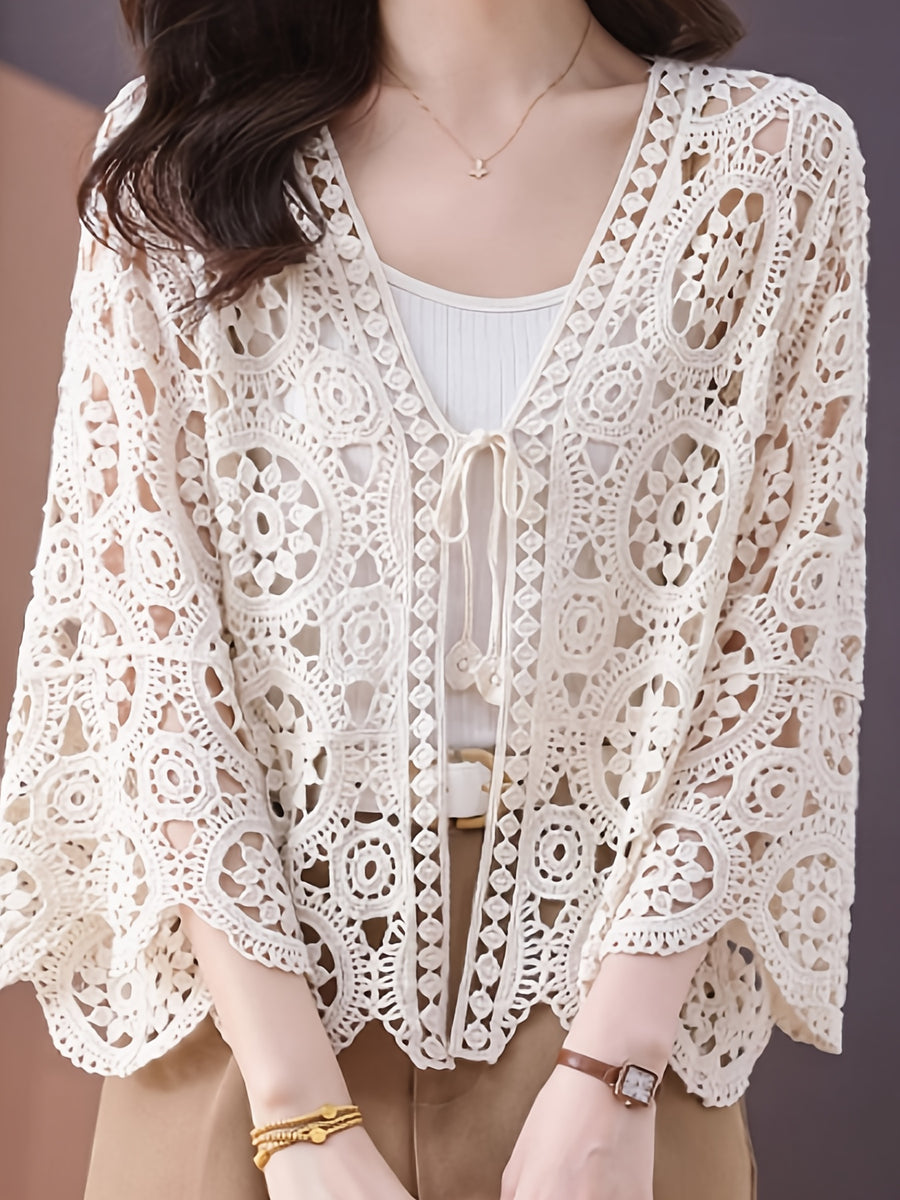 Vintage Crochet Hollow Out Tie 3/4 Sleeve Cardigan for Women, Loose Outerwear for Spring Summer Autumn, Elegant Versatile Cover Up - Apricot