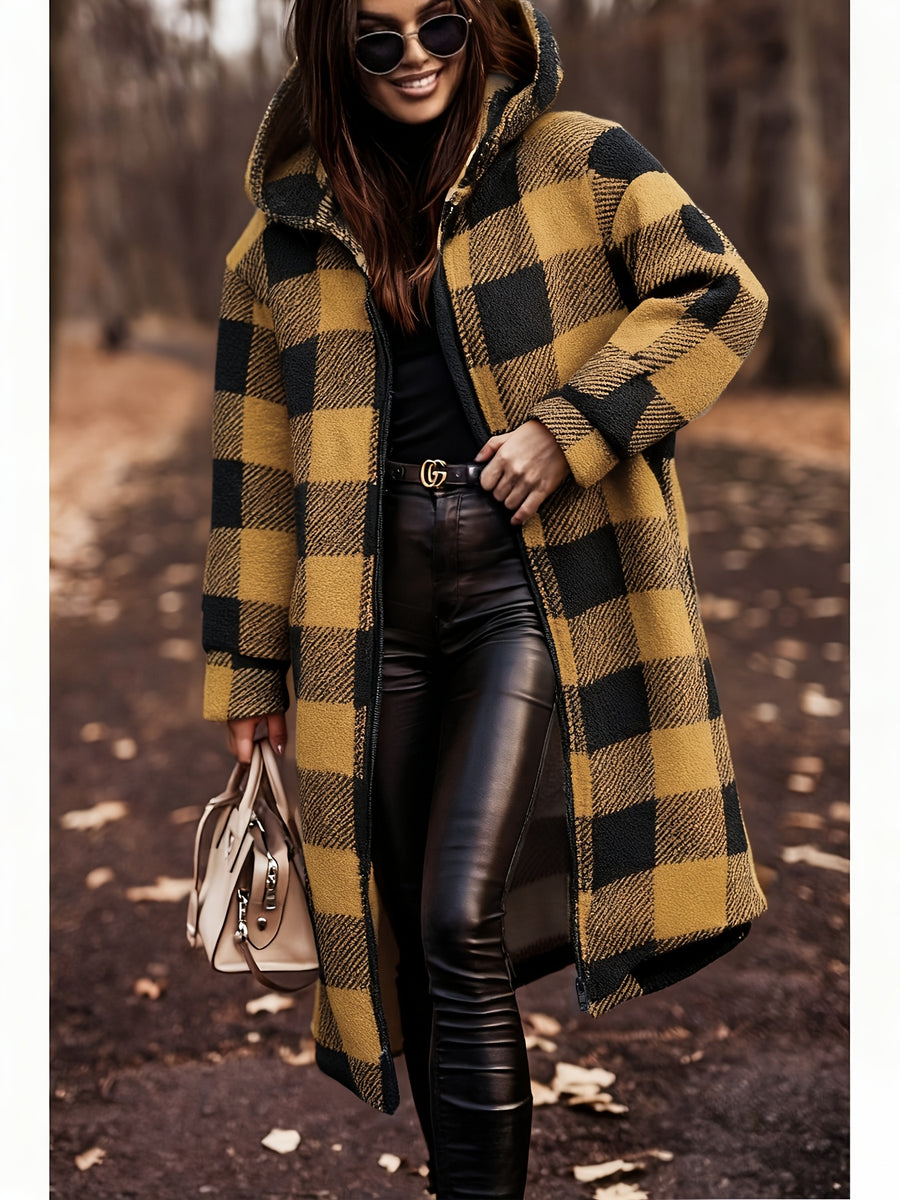 Winter Women's Hooded Cardigan, Two-Tone Plaid, Mid-Length, Thickened Warm Pea Coat - Yellowish-brown