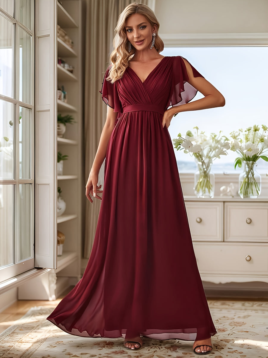 Burgundy Eternal Beauty Chiffon Cami Wedding Dress, Slit And Ruched Butterfly Sleeves, Back Tie-Up - Deep Red