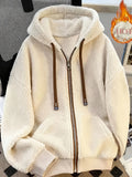 Autumn Winter Women'S Fashion Casual Solid Color Hooded Drawstring Long Sleeve Cardigan with Zipper And Double Pockets Plush Warm Sweatshirt - Off-white