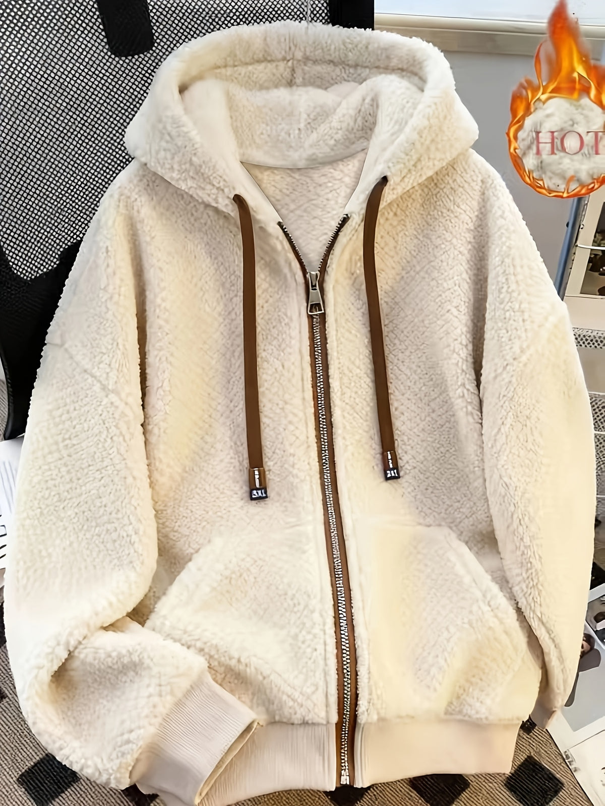 Autumn Winter Women'S Fashion Casual Solid Color Hooded Drawstring Long Sleeve Cardigan with Zipper And Double Pockets Plush Warm Sweatshirt - Off-white