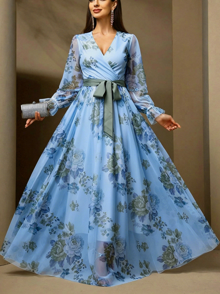 [ZD1031036] Elegant Floral Dress with See-Through Long Sleeves, Tie-Up Bow, Waist-Cinching, And Large Swing, Suitable for Dates, Dinners, And Evening Gowns - Light Blue