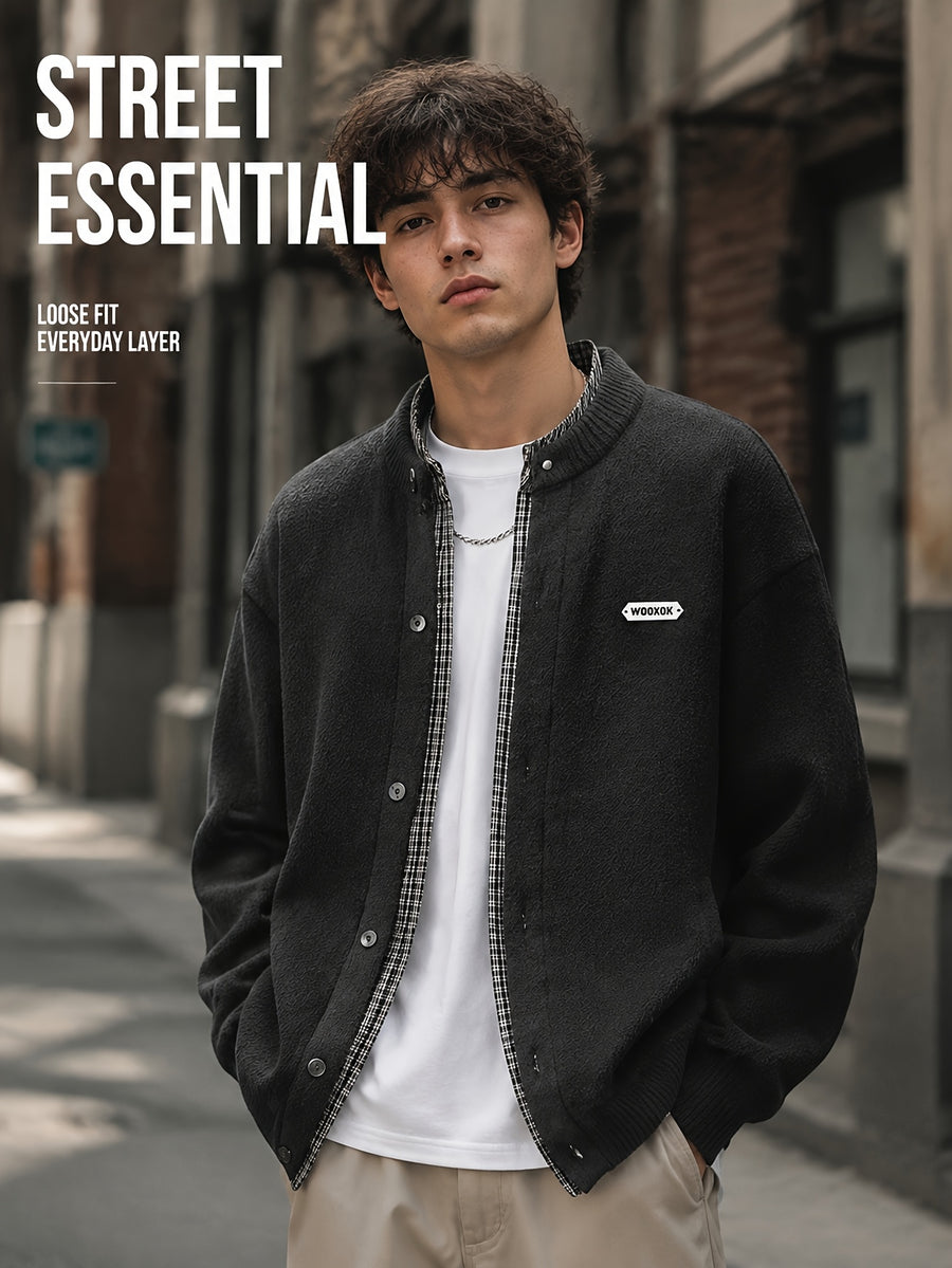 Daily Deal 1pc Men's Knit Cardigan with Baseball Collar, Plaid Trim, Button-Front, Small Label Decor, Urban Street Style, Spring & Fall Loose Fit Daily Sweater Outerwear - Black