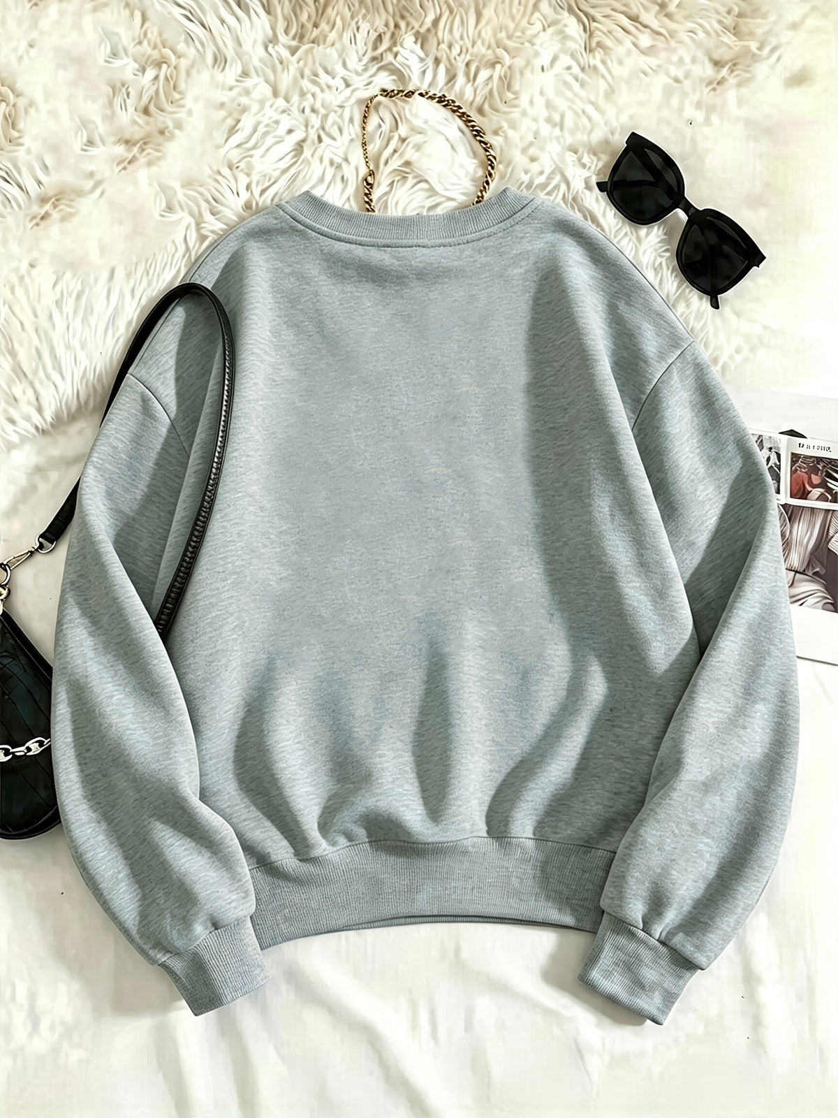 Fall Winter Essential V-Neck Warm Sweatshirt, Printed Pattern Design, Thickened And Fleece-Lined Comfortable Soft, Suitable for Various Dressing Styles, Perfect for Layering, Matching with Various Bottoms, Daily Office Commute - Light Grey