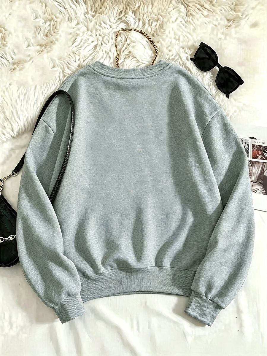Fall Winter Essential V-Neck Warm Sweatshirt, Printed Pattern Design, Thickened And Fleece-Lined Comfortable Soft, Suitable for Various Dressing Styles, Perfect for Layering, Matching with Various Bottoms, Daily Office Commute - Light Grey