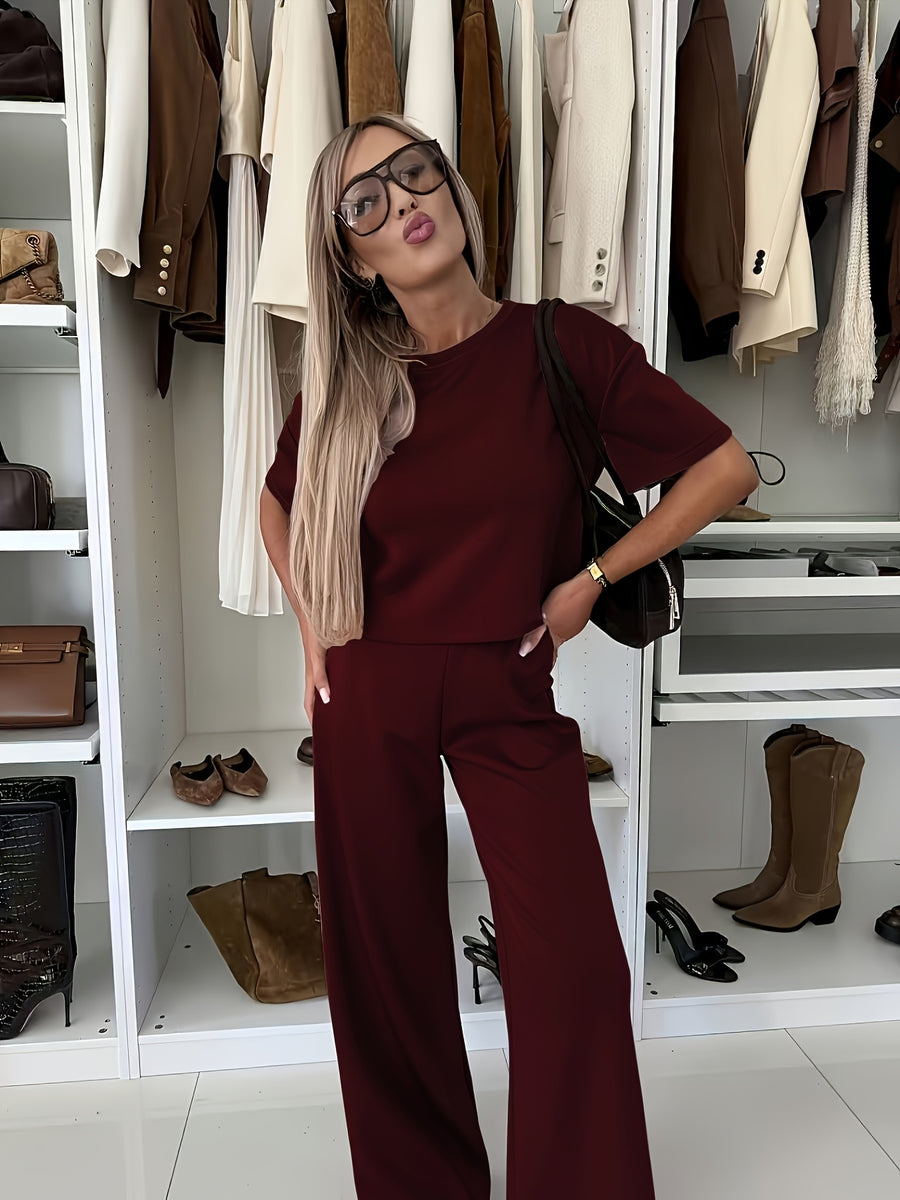 Women'S Suit Set, Air Mesh Fabric Relaxed Short Sleeve Wide-Leg Pants Set, Casual Wear - Burgundy