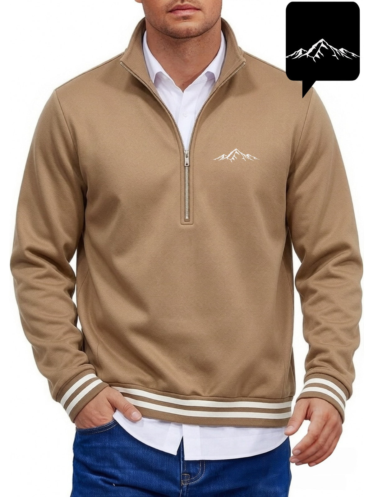 Men's Solid Color Half-Zip Stand Collar Sweatshirt, Mountain Print with Striped Ribbed Cuffs and Hem, Loose Fit Casual Sport Pullover, Daily Vintage Style Jacket - Khaki 1