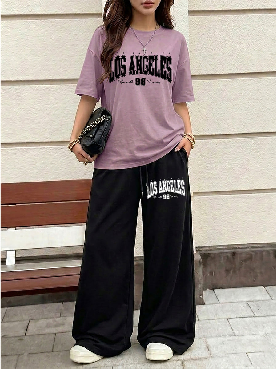 Women's Casual Streetwear Trend Los Angeles 98 Print Crew Neck Short Sleeve Top and Loose Drawstring Long Pants 2pcs Set, Women's Fashion Outfit, Suitable for Summer Streetwear - Purple+black
