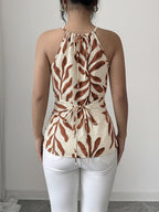 Women'S Casual Vest, Plant Print Cross Back Tie Off-Shoulder Vest, Suitable for Shopping, Vacation, Beach, Travel, Casual Wear - Apricot