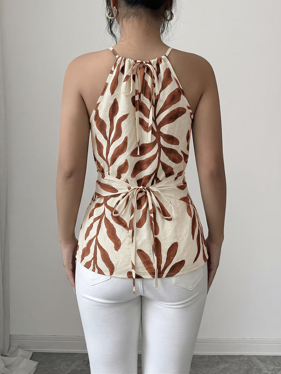 Women'S Casual Vest, Plant Print Cross Back Tie Off-Shoulder Vest, Suitable for Shopping, Vacation, Beach, Travel, Casual Wear - Apricot