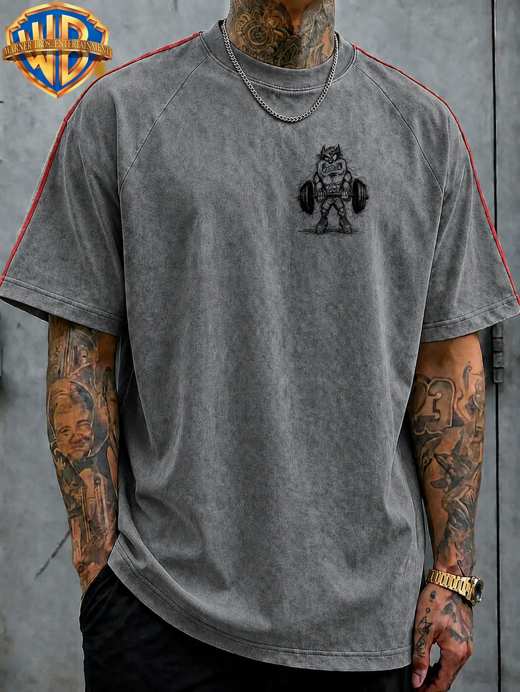 WB Warner Bros. Official License, American Hardcore Sports Hand-Drawn, Muscular Big Mouth Monster Street Fitness Style Atmospheric Outfit T-Shirt, Men'S Loose Retro Street Casual Short Sleeve Top - Grey