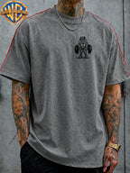WB Warner Bros. Official License, American Hardcore Sports Hand-Drawn, Muscular Big Mouth Monster Street Fitness Style Atmospheric Outfit T-Shirt, Men'S Loose Retro Street Casual Short Sleeve Top - Grey