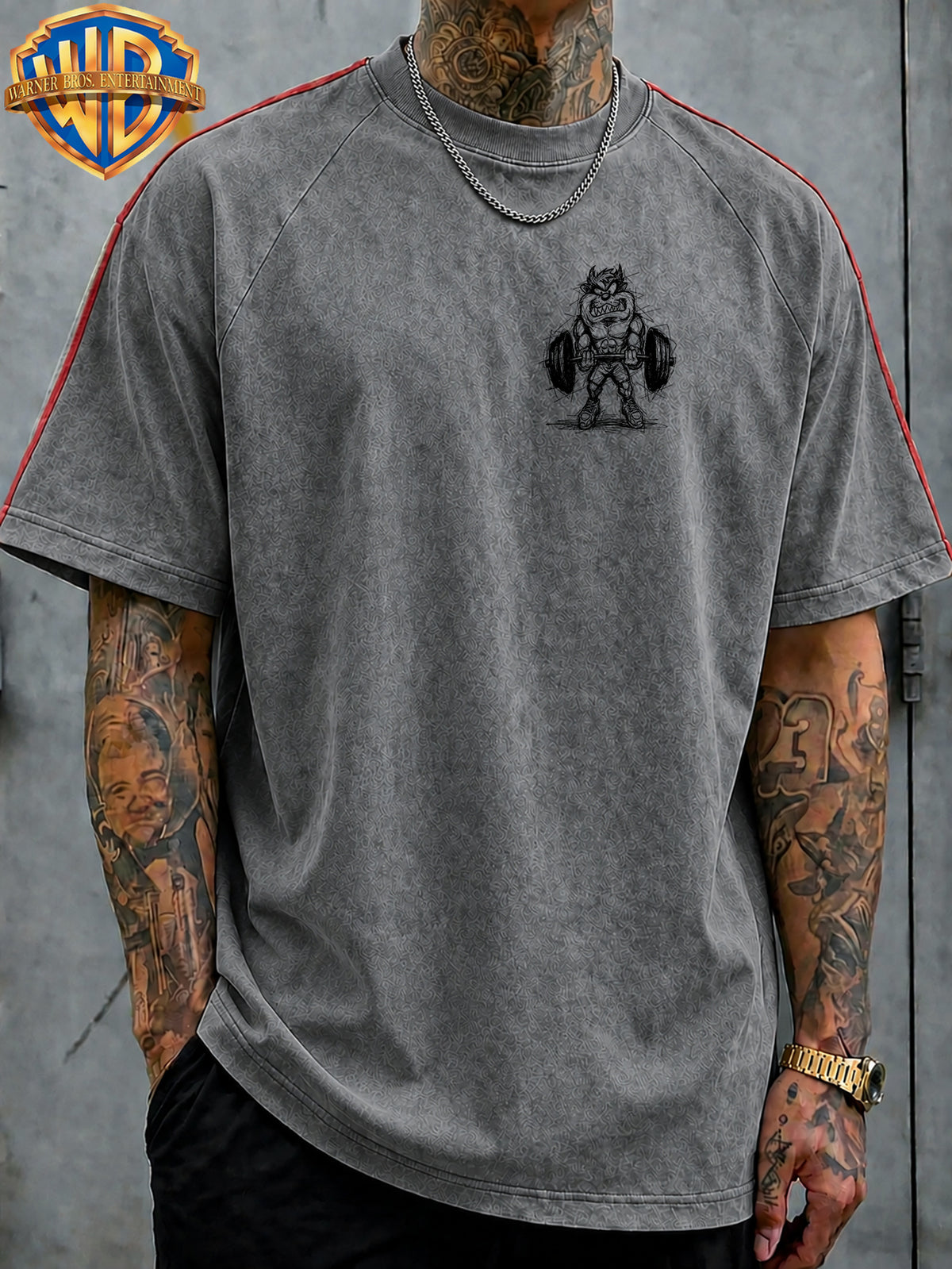 WB Warner Bros. Official License, American Hardcore Sports Hand-Drawn, Muscular Big Mouth Monster Street Fitness Style Atmospheric Outfit T-Shirt, Men'S Loose Retro Street Casual Short Sleeve Top - Grey