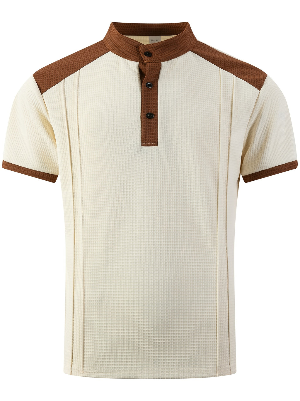Men'S Short-Sleeve Plaid Knit Henley Shirt with Contrasting Brown Trim, Featuring a Stand Collar Design, Casual Button-Up Front, Breathable Vintage Street Style Clothing - Khaki