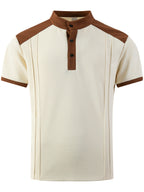 Men'S Short-Sleeve Plaid Knit Henley Shirt with Contrasting Brown Trim, Featuring a Stand Collar Design, Casual Button-Up Front, Breathable Vintage Street Style Clothing - Khaki