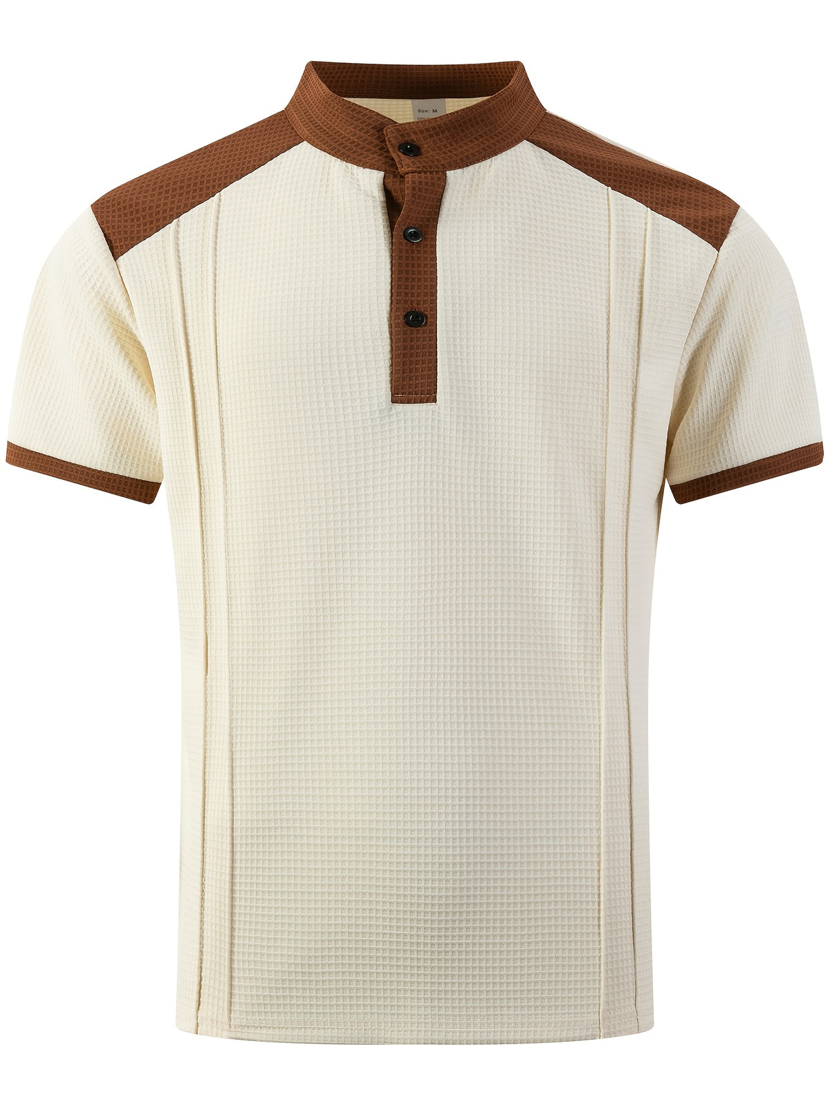 Men'S Short-Sleeve Plaid Knit Henley Shirt with Contrasting Brown Trim, Featuring a Stand Collar Design, Casual Button-Up Front, Breathable Vintage Street Style Clothing - Khaki