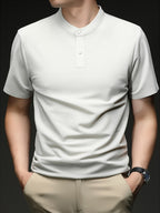 Men'S Henley Shirt Summer New Style, Solid Color Round Neck Top, Half-Button Placket, Button Closure Design, Layering with Thin Jacket, Versatile for Business Office, Golf Sports, Casual Outings, Short Trips, Father'S Day Gift, Men'S Gift - Green And White