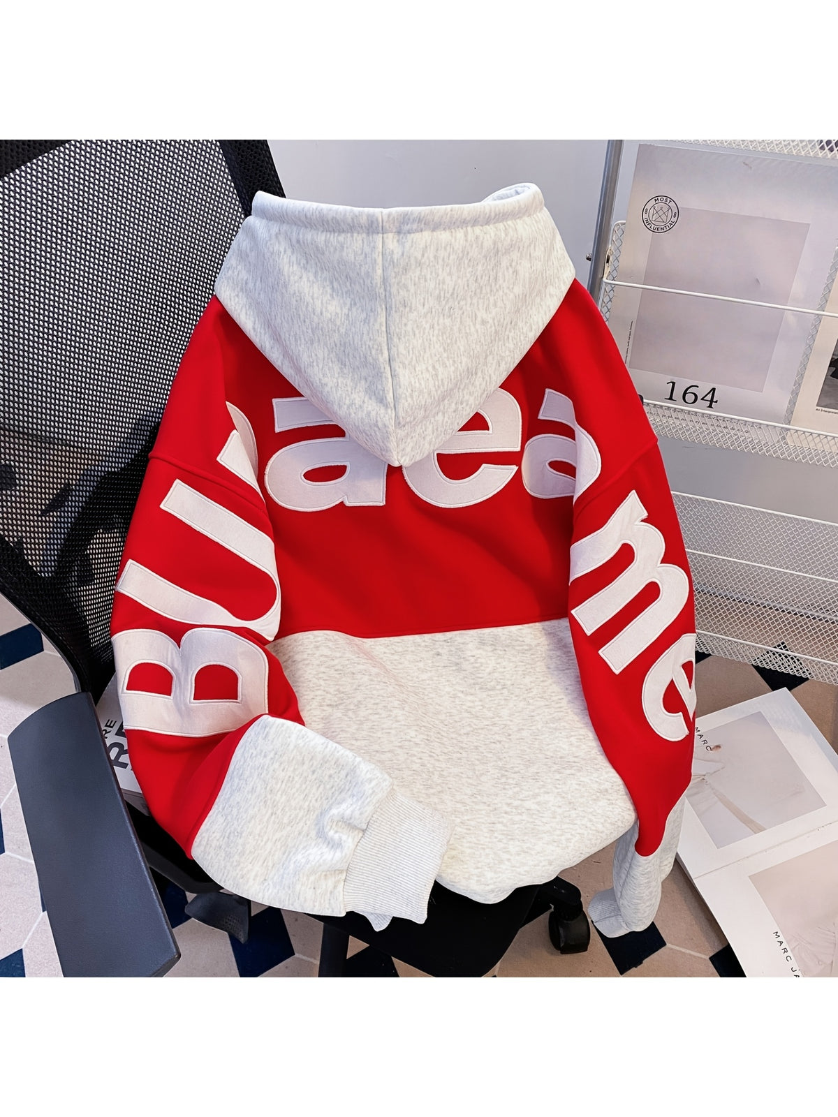 Pearson OBM American Trendy Street Hip-Hop Punk Gothic Style Hoodie with Color Block Patchwork, Embroidered Letters, Kangaroo Pocket, Drawstring Hood, Sweatshirt for Holiday, Vacation, and Travel - Light Grey