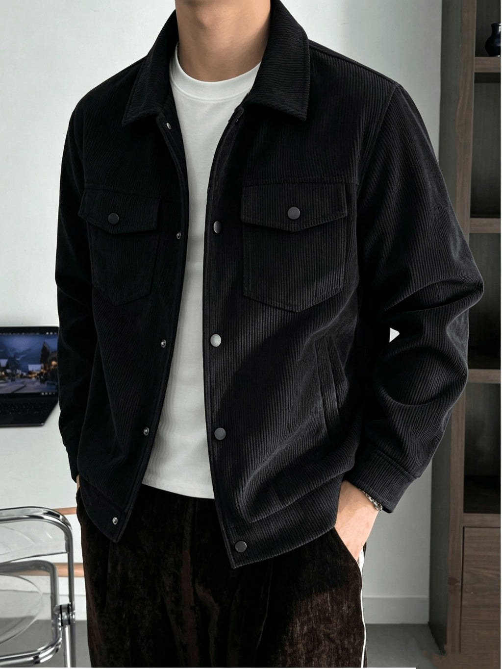 2pcs Men's Lapel Snap Button Jacket, Corduroy Texture Multi-Pocket Outerwear, Autumn/Winter Simple Vintage Casual Men's 2pcs Set - black + army green