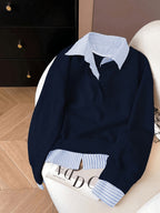 Women'S Color-Block Lapel Fake Two-Piece Long-Sleeve Casual Pullover Sweatshirt, Women'S Autumn Apparel - Royal Blue