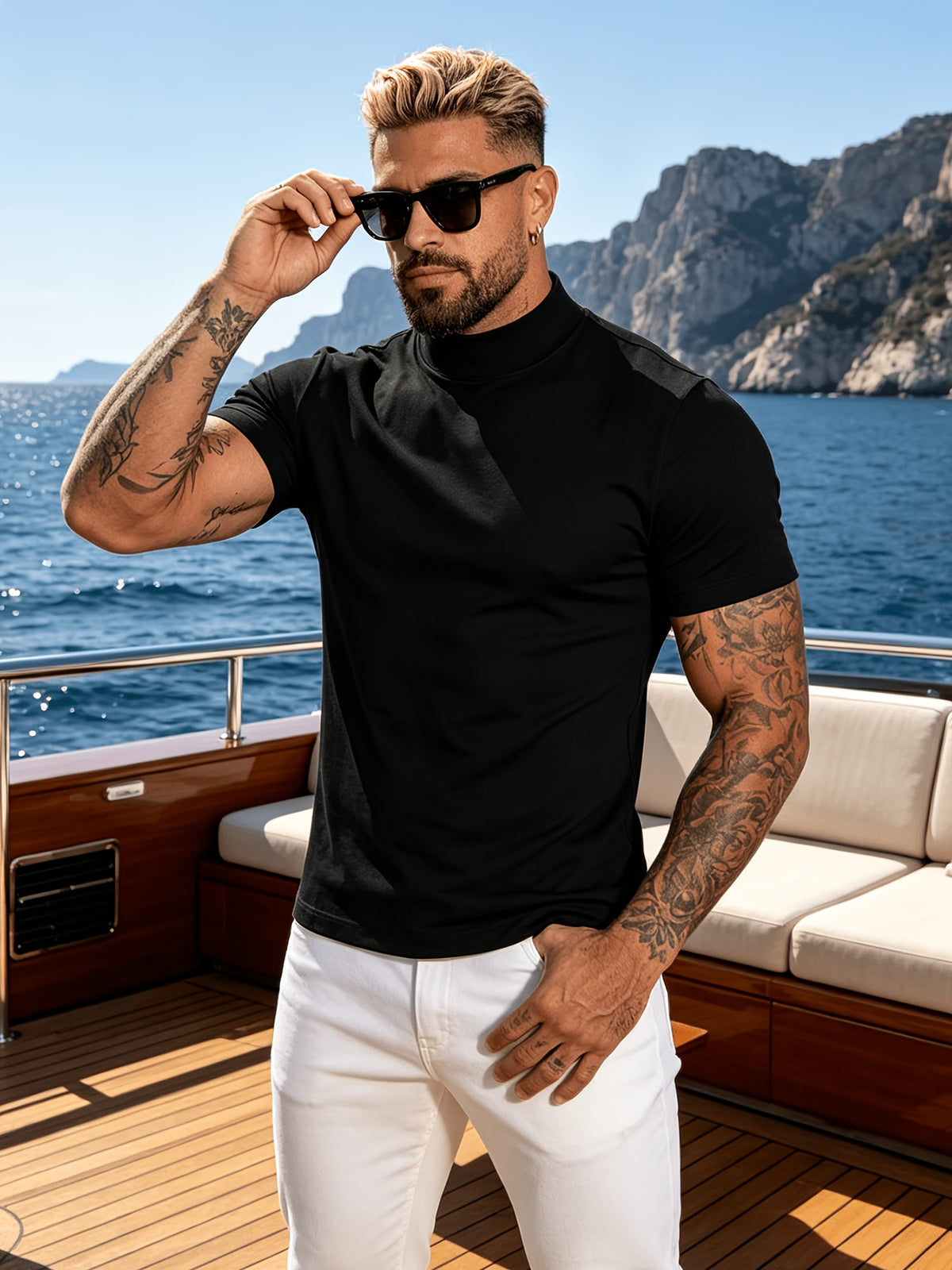 2pcs Spring/Summer New Arrival Men's Tops, Fashionable Sporty Mid-High Neck Short Sleeve Outerwear, Casual, Comfortable, Lightweight, Skin-Friendly, Trendy, Versatile, Refreshing, and Durable - Mixed Color 2