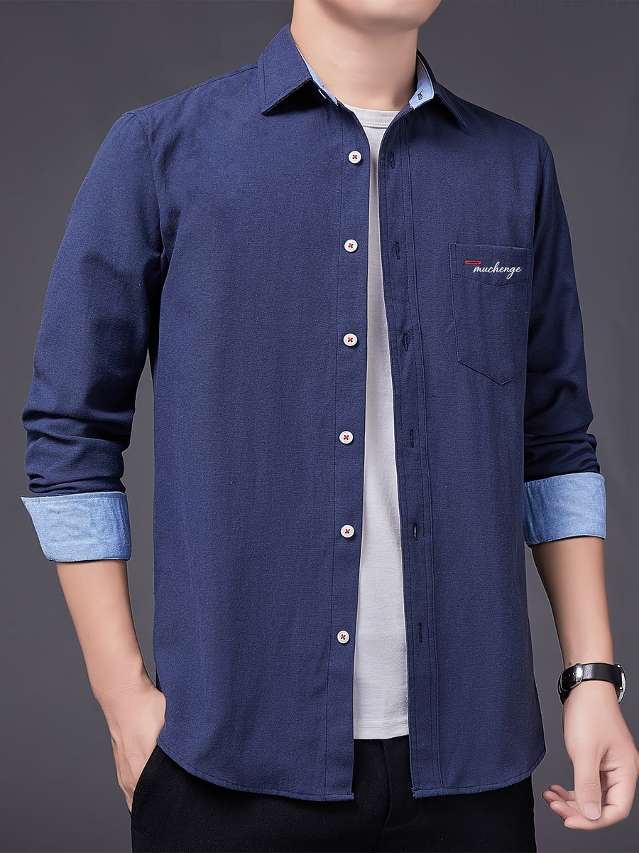 Men's Oxford Cloth Long-Sleeve Shirt for Spring/Autumn, with Lapel Collar, Simple Pocket, and English Print Decoration. Features Contrast Color Cuffs and Collar Design. A Versatile Basic Shirt for Business Casual Wear, Available in Multiple Colors - Dark Blue