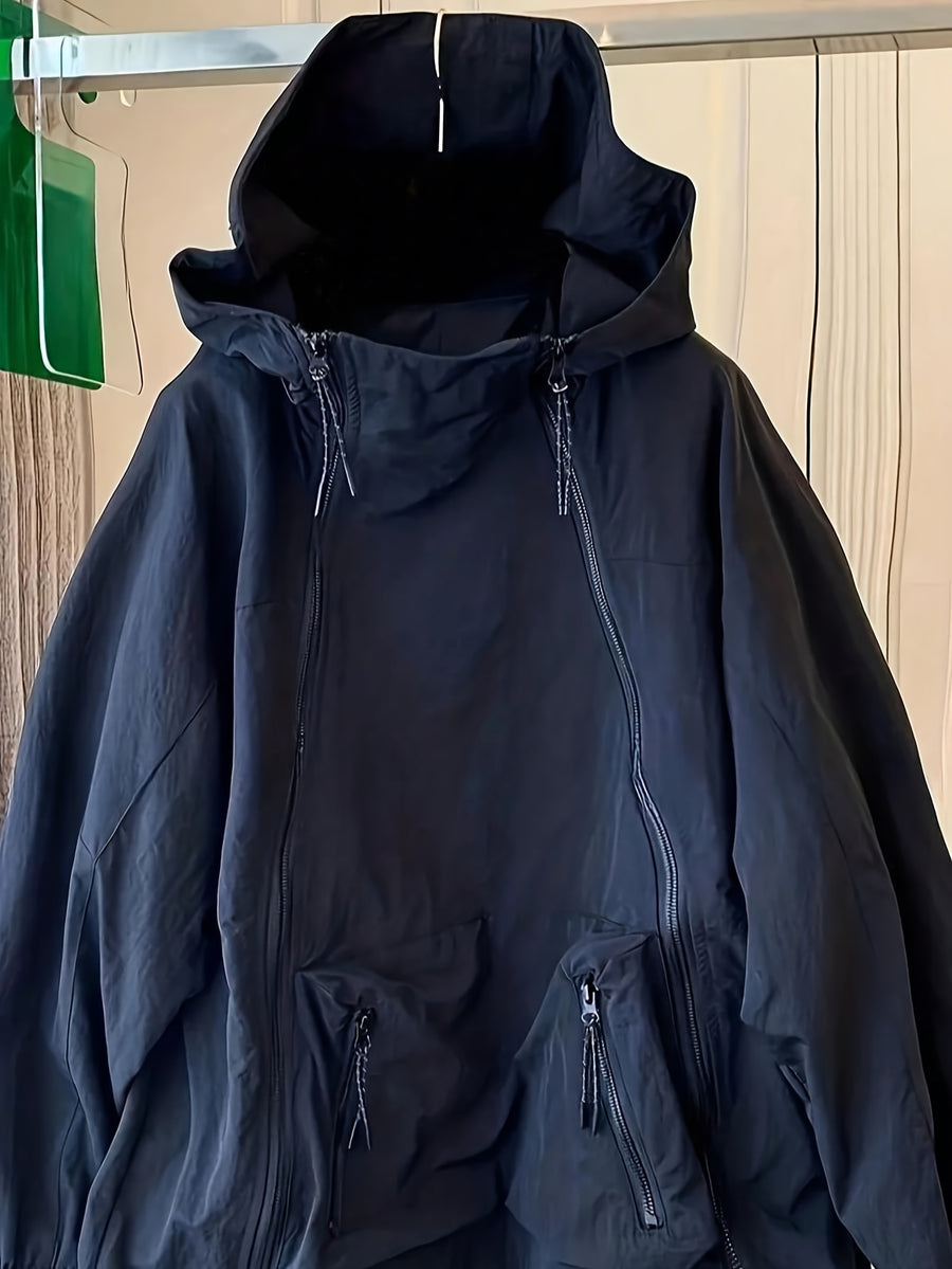 Women'S Cape-Style Hooded Coat, Long Sleeve, with Drawstring, Double Zipper Detail, And Pockets - Navy blue color