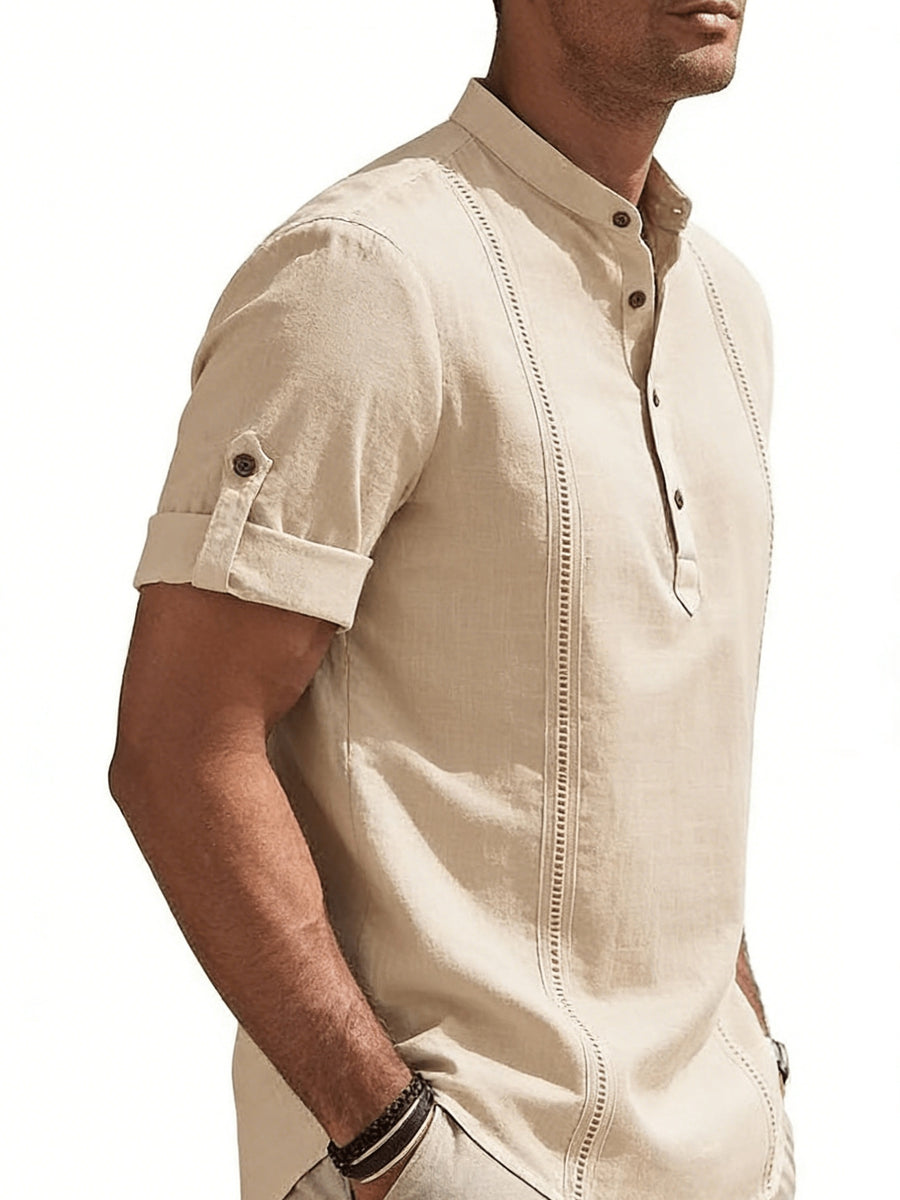 Men'S Short Sleeve Shirt, Stand Collar Half-Button Cuff with Roll-Up Sleeves, Business Casual Breathable Top - Apricot