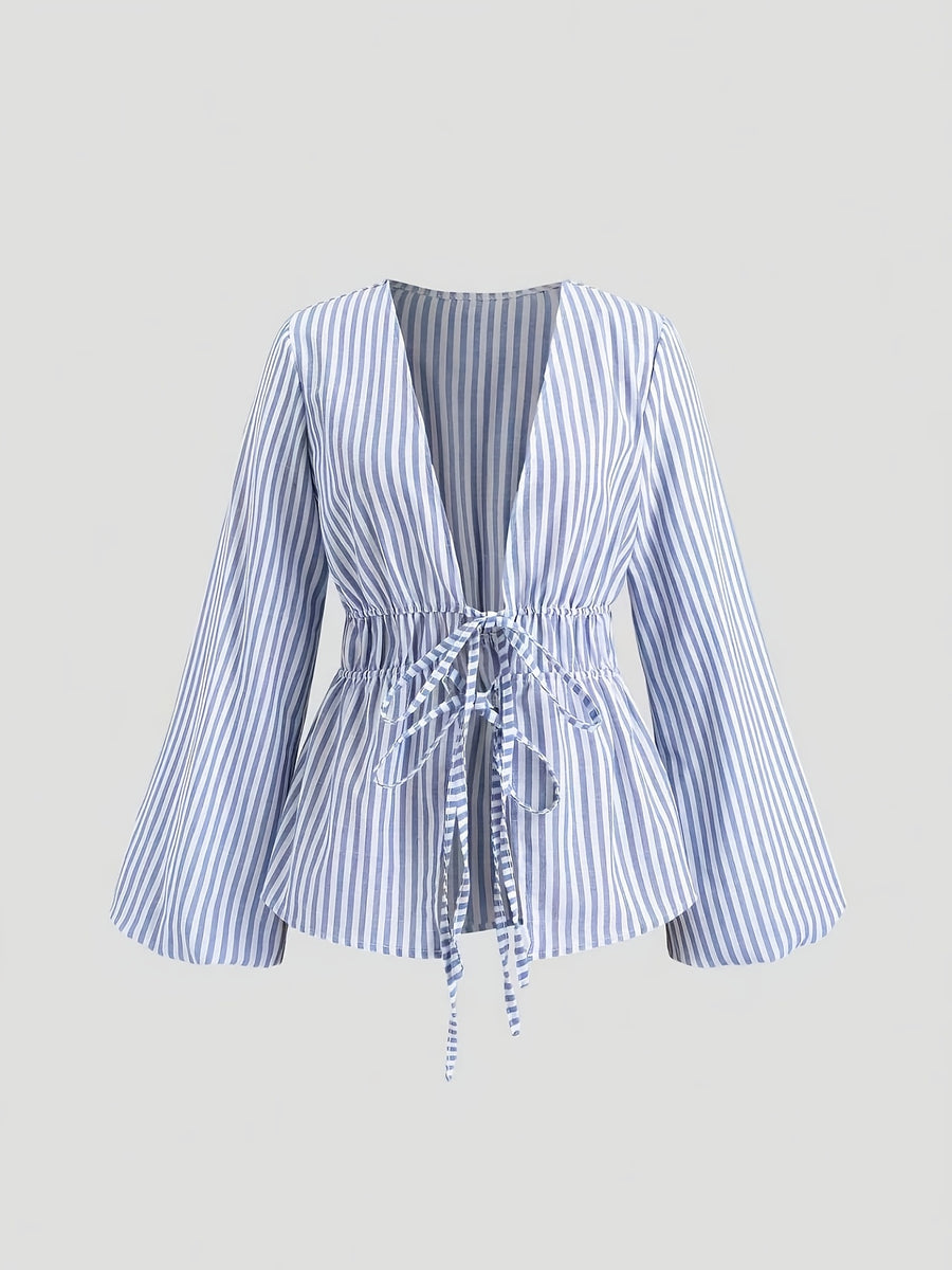 Belted Vertical Stripe Long-sleeve Shirt, Artistic Casual Fashion, Versatile Loose Top - Mixed colors