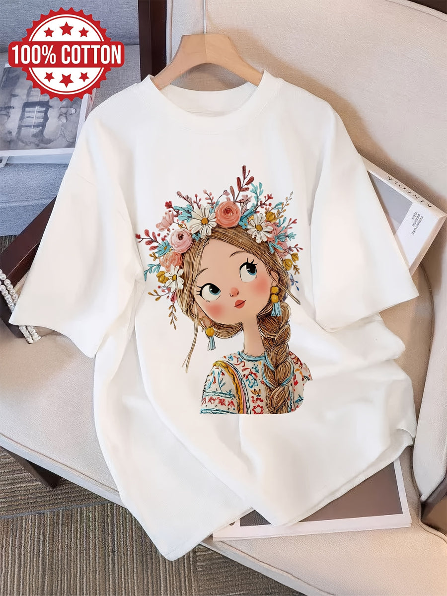 Graphic Print T-shirt, Short Sleeve Crew Neck Casual Top for Summer & Spring, Women's Clothing - White