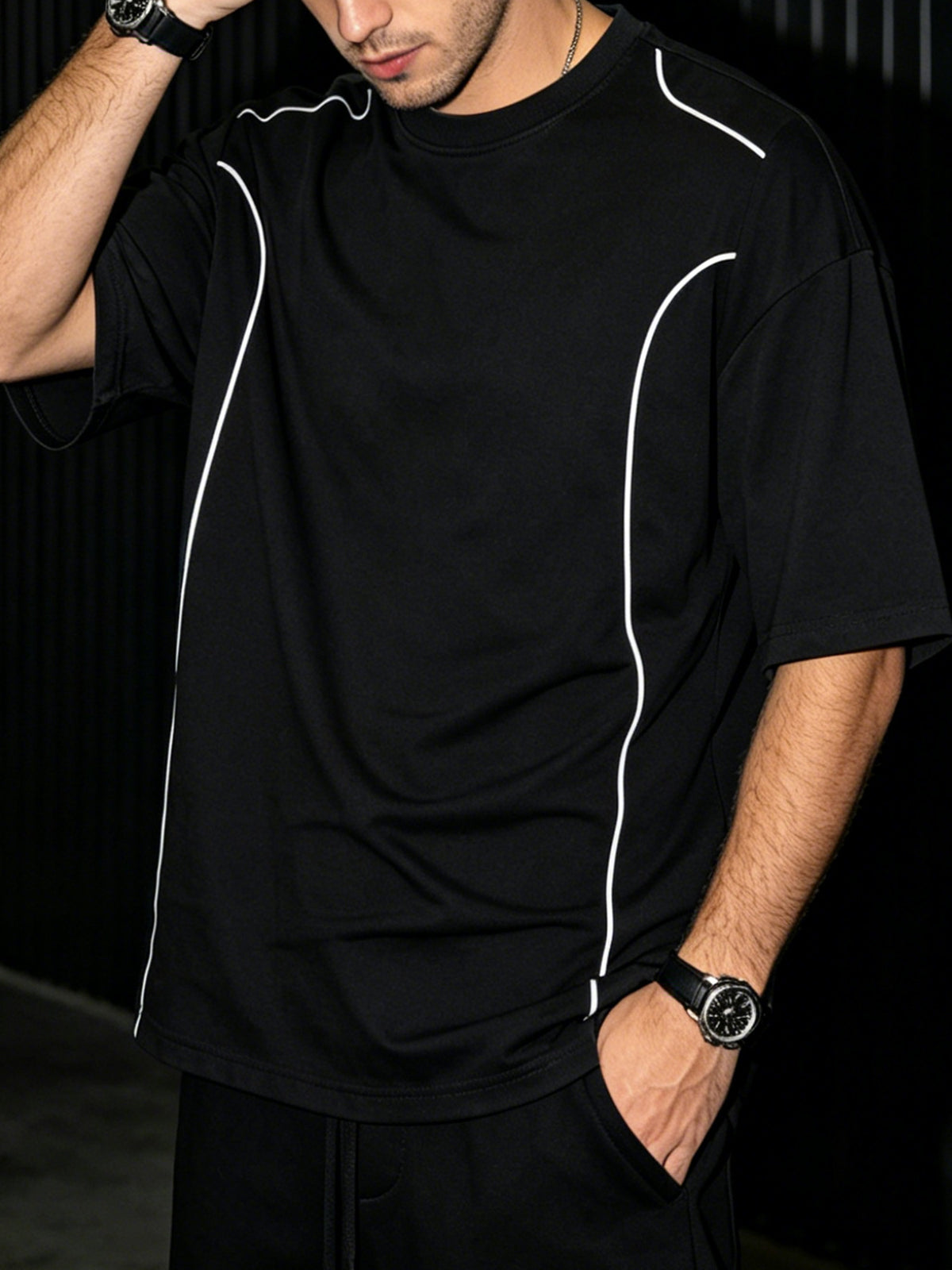 1 Men's Sporty Line Art Solid Color Short-Sleeve T-Shirt, Lightweight, Wear-Resistant, Anti-Pilling Street Style T-Shirt, 100% Polyester Fiber Quick-Drying, Breathable, Stretchy Short-Sleeve Top, Suitable for the Gym, Daily Outings, and Versatile - Black