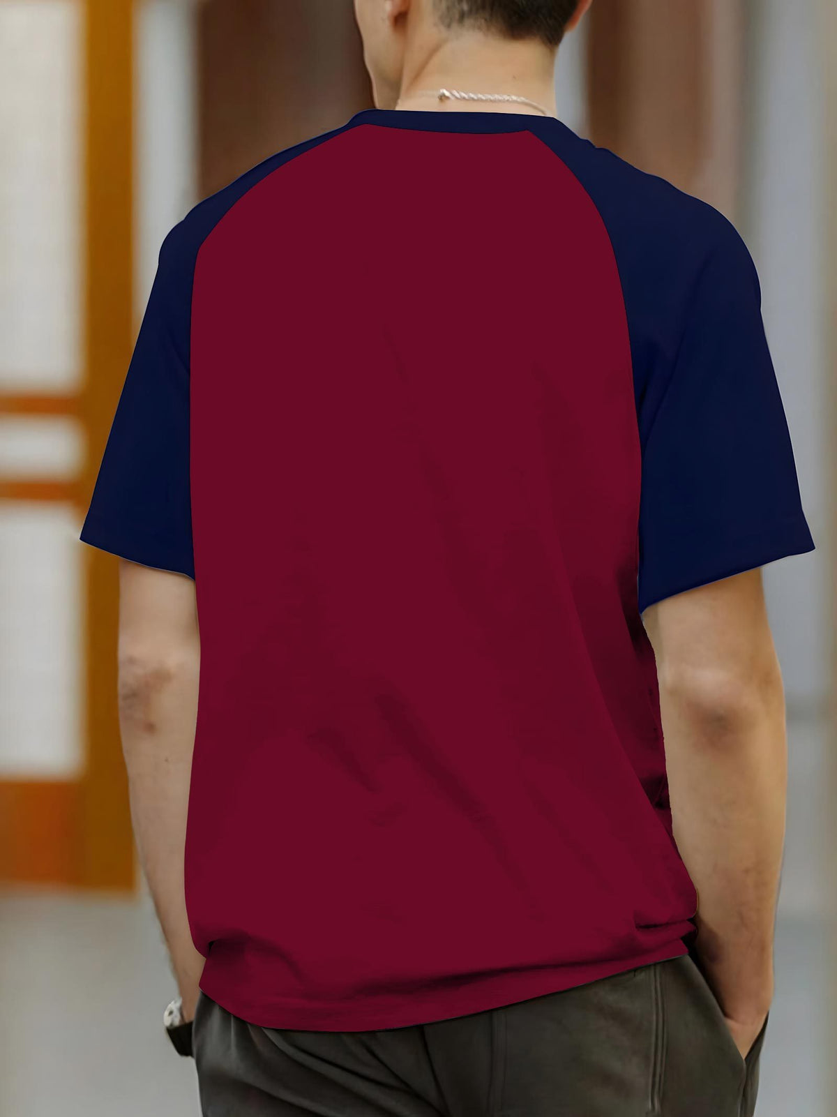 Men's Fashionable Graphic Raglan Sleeve T-shirt, Summer Casual and Comfortable T-shirt, Men's Short-sleeved Top for Daily Activities - Wine Red+Navy Blue