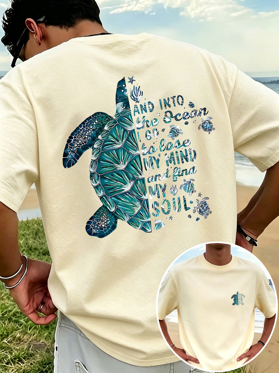 New Men'S 100% T-Shirt with Turtle Print, Comfortable And Breathable for Summer Casual Vacation - Apricot