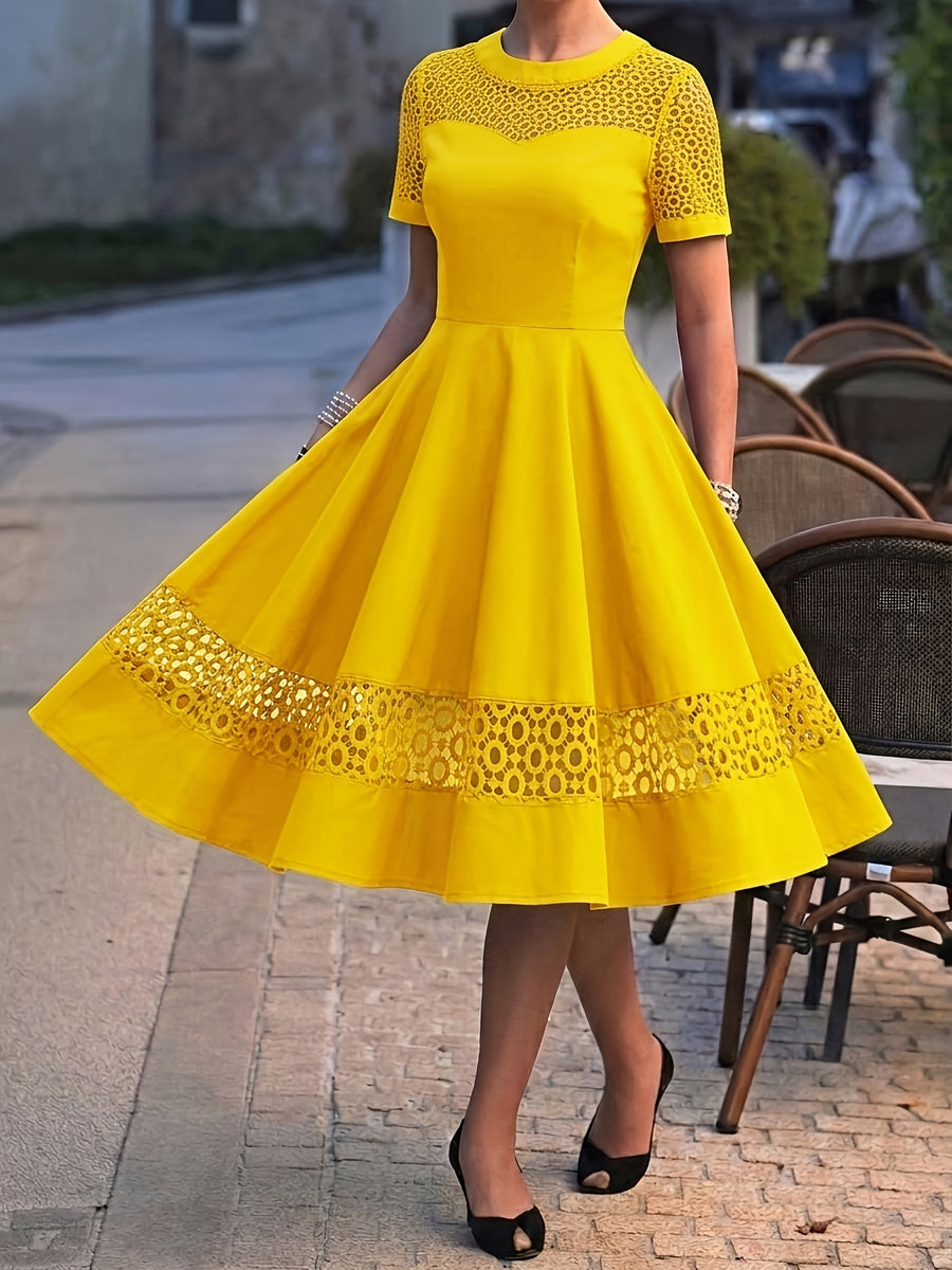 Vintage 50s Women's Dress with Round Neck, Lace Trim, and Short Sleeves - Yellow