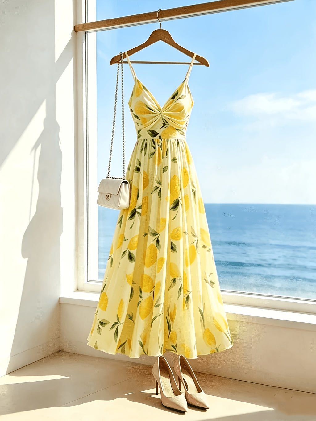 French Vacation Style Cami Dress, Women'S Romantic Long Dress, Lemon Print Cinched Flared Maxi Dress, Soft Floral Cami Dress - Multicolor