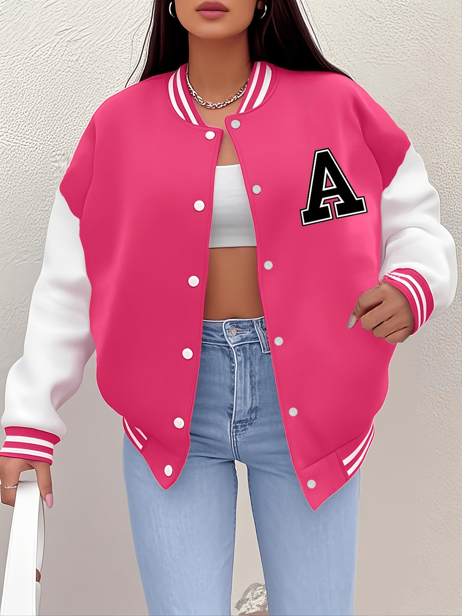 Women'S Baseball Jacket, Loose Casual Color-Blocked Coat, Letter Print Top For, Versatile Cardigan for Spring And Autumn in Korean Style - Rose Red