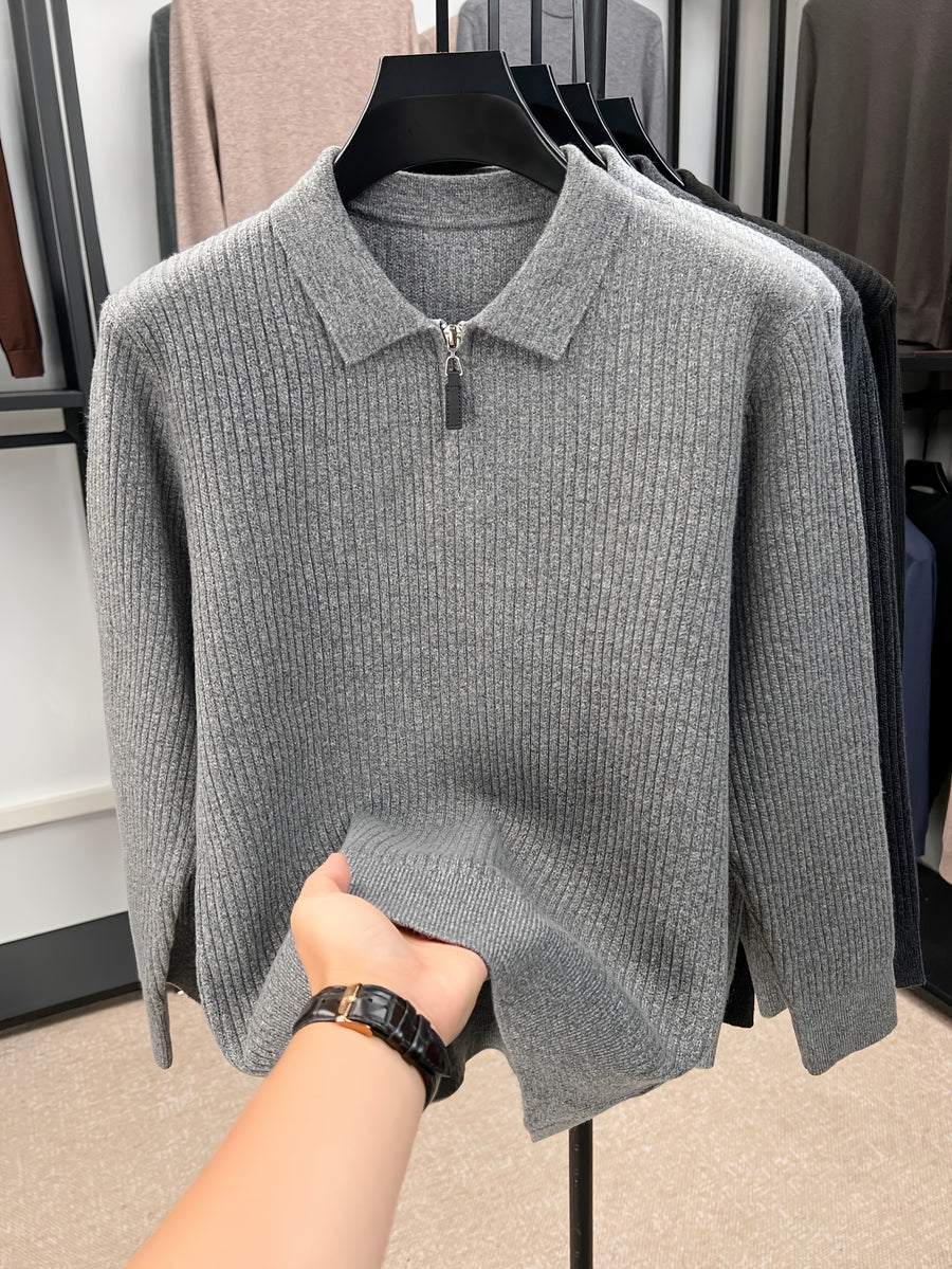 Xingfan Autumn/Winter Men's Ribbed Cable Knit Lapel Pullover Casual 4/1 Zipper Thickened Warm Long-Sleeve Sweater - Medium Gray