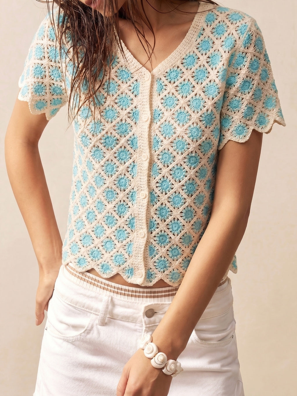 Women's Summer Casual Elegant Hollow-Out Top, V-Neck Ruffle Short Sleeve Button Waist Elastic Sweet Minimalist Fashion T-Shirt, Suitable for Travel, Vacation, Commute, Beach, Date, And Daily Wear - Sky Blue