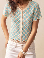 Women's Summer Casual Elegant Hollow-Out Top, V-Neck Ruffle Short Sleeve Button Waist Elastic Sweet Minimalist Fashion T-Shirt, Suitable for Travel, Vacation, Commute, Beach, Date, And Daily Wear - Sky Blue