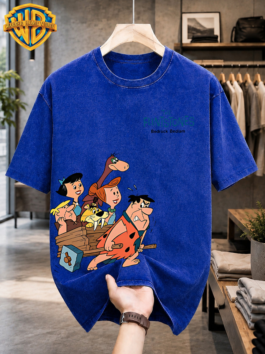 Warner Bros. Licensed Men'S Washed Retro T-Shirt, Modern Caveman Family Car Cartoon Print, THE FLINTSTONES Chest Badge Loose Round Neck Short Sleeve Top, Western Street Trendy Casual Summer Men'S Clothing - Royal Blue