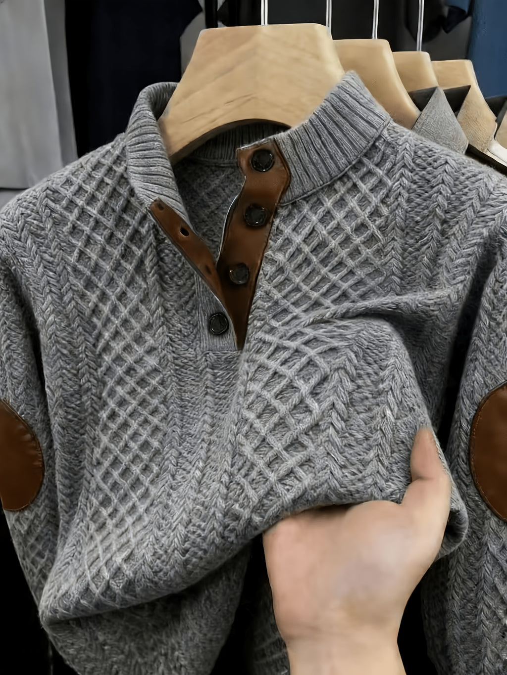 Men'S Casual Sports Sweater, Knit Sweater, American Casual Textured Diamond Knit Top, Men'S Stand Collar Contrast Color Button-Up Loose All-Match Retro Velvet Sweater Jacket, Autumn Winter Casual Sweater, Multi-Color Available - Grey