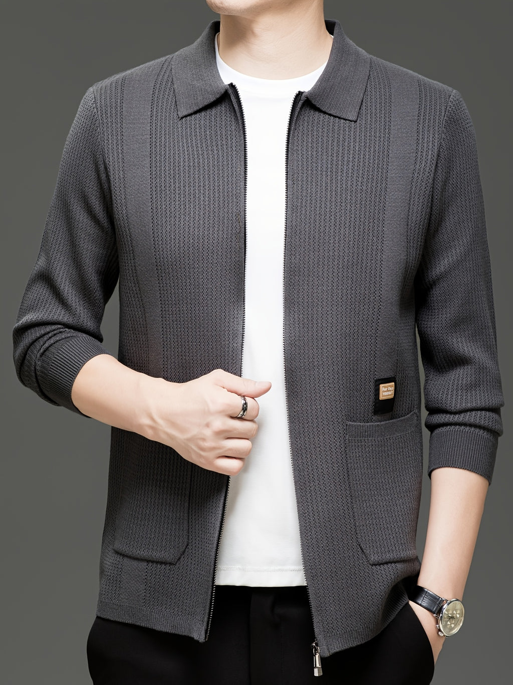 Du Jing Lan OBM Spring/Autumn New Arrival Men's Knitted Cardigan, Old Money Style Solid Color Striped Zipper Front Lapel Knit Cardigan, Men's Business Casual Fashion Zipper Front Knit Cardigan Top, Suitable for Spring, Autumn, and Winter - Dark Gray