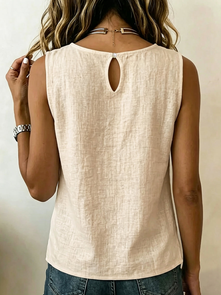 Summer Minimalist Style Round Neck Side-Button Versatile Sleeveless Shirt - Light Beige