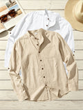 2pcs Men's Linen Fabric Henley Collar Long Sleeve Shirt, Simple Vintage Style, Loose Fit for Spring and Autumn, Multiple Color Options, Suitable for Outdoor Outings, Urban Commuting, and Home Wear, Versatile for Daily Casual and Holiday Occasions - Khaki+White