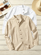 2pcs Men's Linen Fabric Henley Collar Long Sleeve Shirt, Simple Vintage Style, Loose Fit for Spring and Autumn, Multiple Color Options, Suitable for Outdoor Outings, Urban Commuting, and Home Wear, Versatile for Daily Casual and Holiday Occasions - Khaki+White