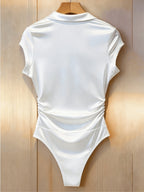 Elegant Lapel V-Neck Pleated Short-Sleeve Bodysuit, Slim-Fit Stretch Commuter Hot Jumpsuit Top - White