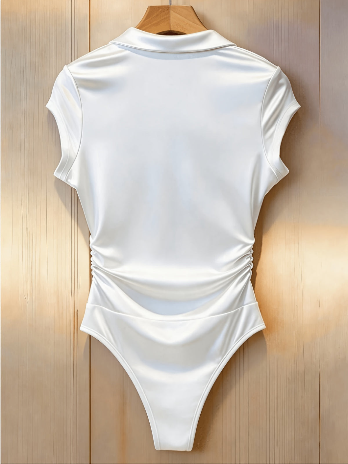 Elegant Lapel V-Neck Pleated Short-Sleeve Bodysuit, Slim-Fit Stretch Commuter Hot Jumpsuit Top - White