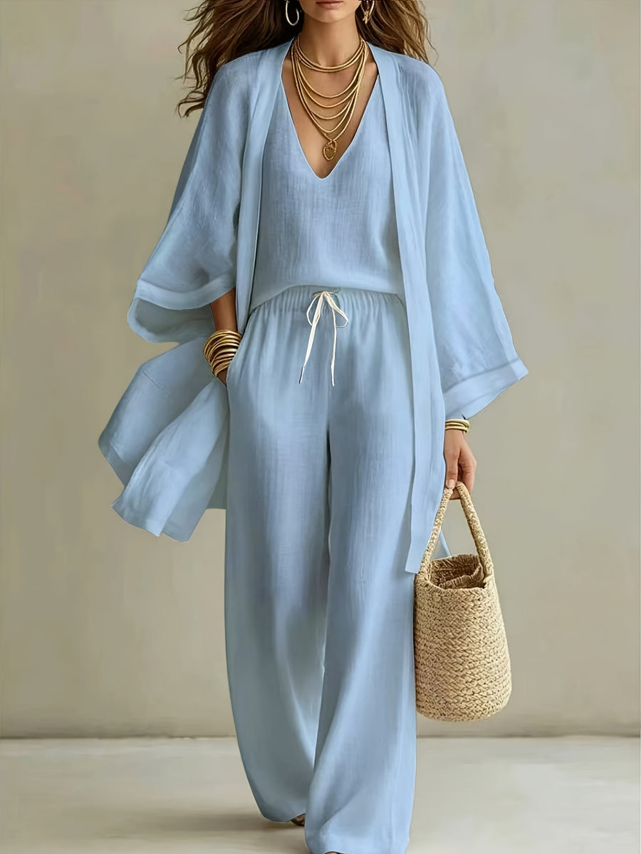 3pcs Set, Women's Spring/summer Vacation-style Loose Spaghetti Strap Tank Top with Cardigan and Loose Wide-leg Pants Casual Set, Elegant and Fashionable, Comfortable and Casual, Suitable for Commuting Wear - Sky Blue