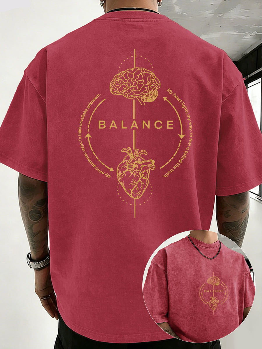 Men's 100% Cotton Washed Distressed Crew Neck Short-Sleeve T-Shirt, Balance Brain Heart Graphic Double-Sided Print, Trendy Loose Casual Tee Tops, 12 Colors Available - Red