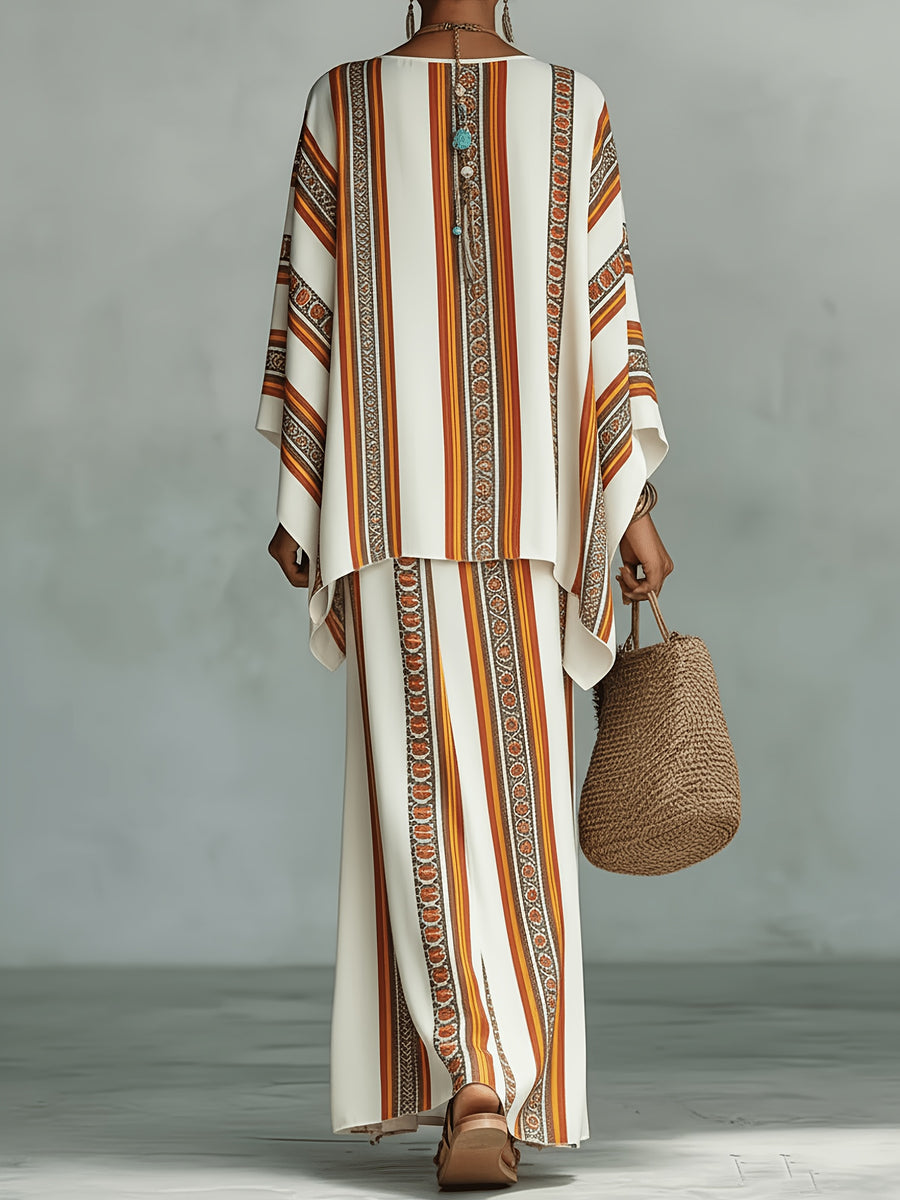 Spring And Autumn Casual Vacation Elegant Party Striped Printed Long Sleeve Set - Mixed colors